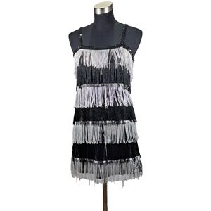 California Costume Jazz Time Honey Flapper Dress Black Silver Fringe Small 00700